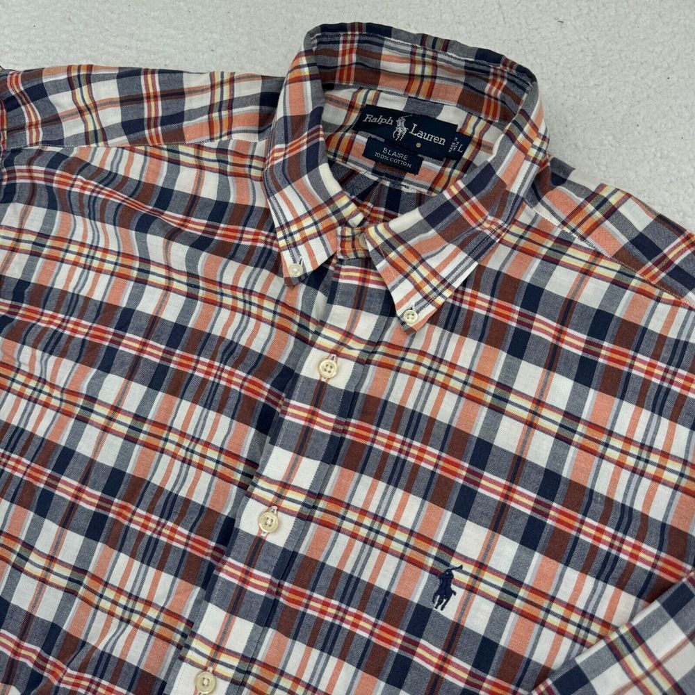 Vintage Ralph Lauren Blaire Shirt Mens Large‎ Blue Orange Plaid Button Down Pony